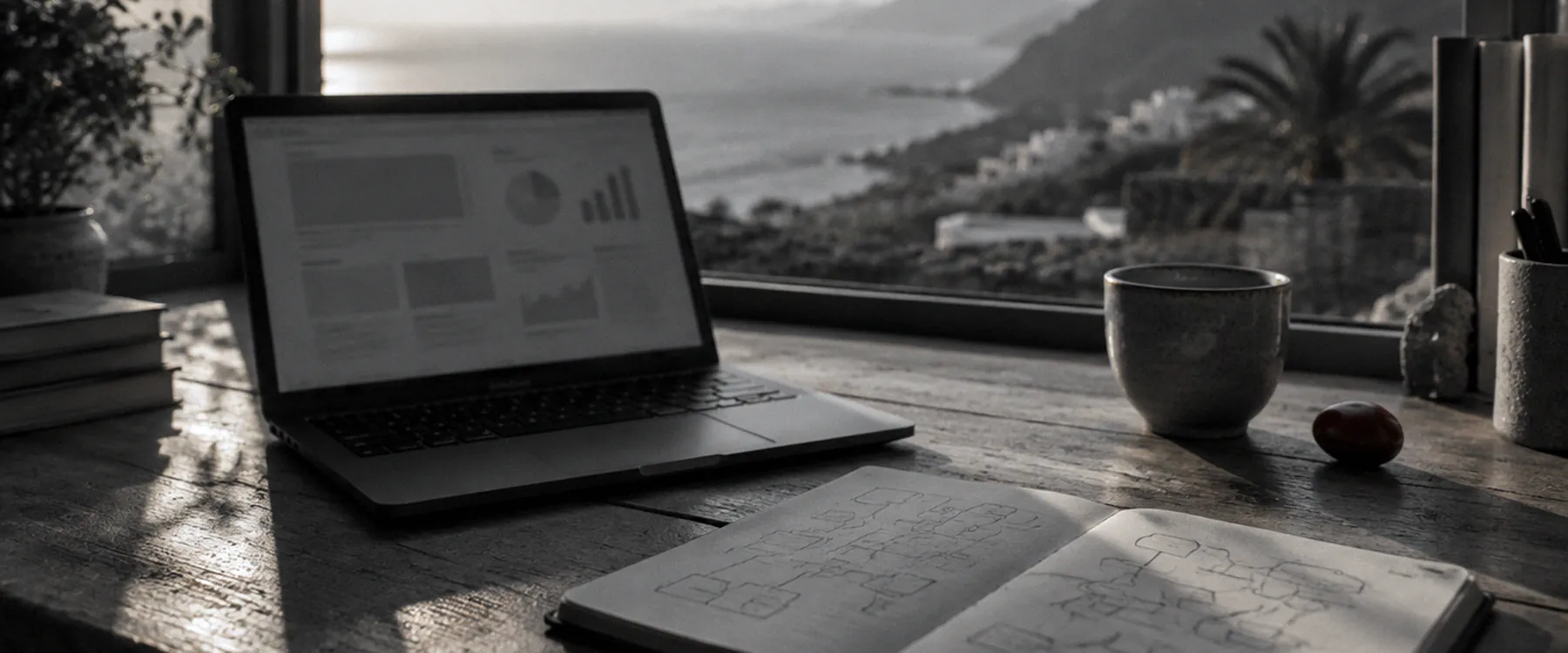 Mesa de trabajo junto a una ventana con vistas al mar, un portátil con un panel abierto y un cuaderno con diagramas a mano