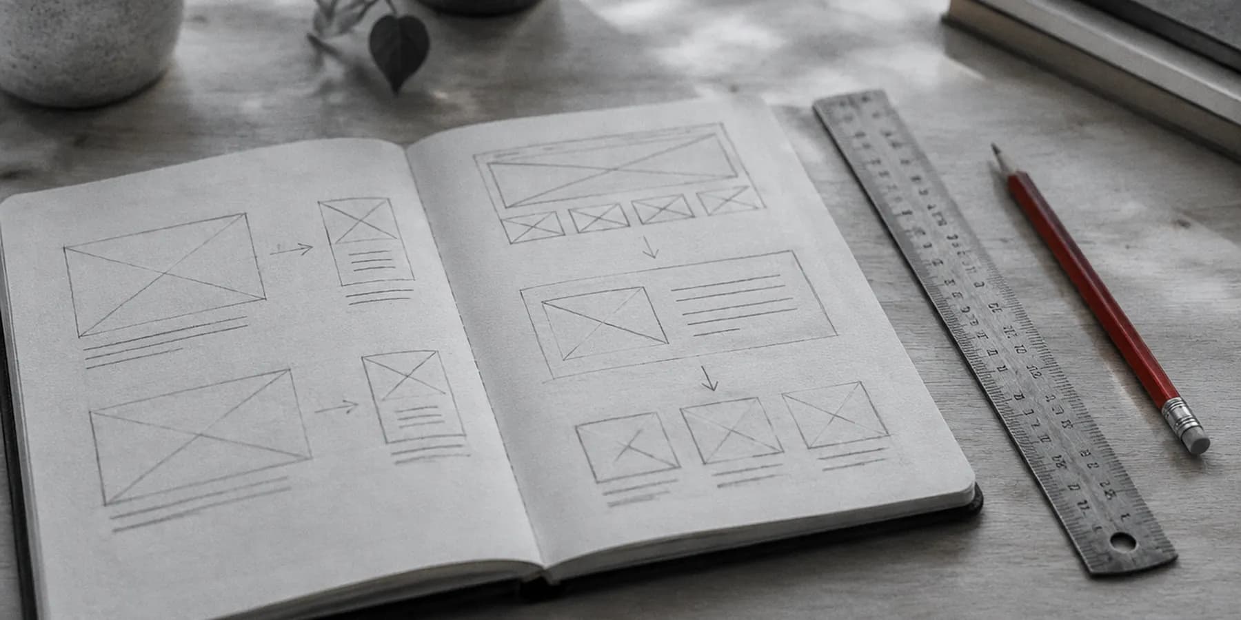 Un cuaderno abierto con bocetos de una web a lápiz, una regla y un lápiz rojo