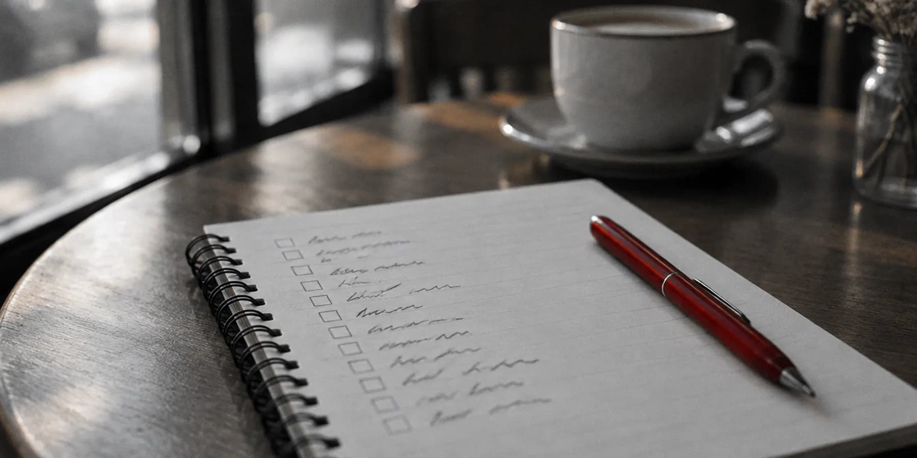 Un cuaderno con una lista de casillas por marcar y un bolígrafo rojo encima