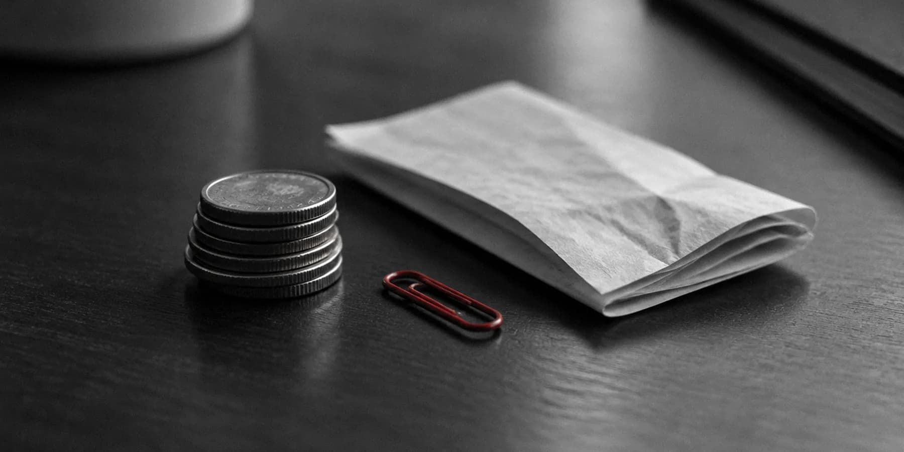 Unas monedas y un recibo doblado sobre una mesa oscura, con un clip rojo al lado
