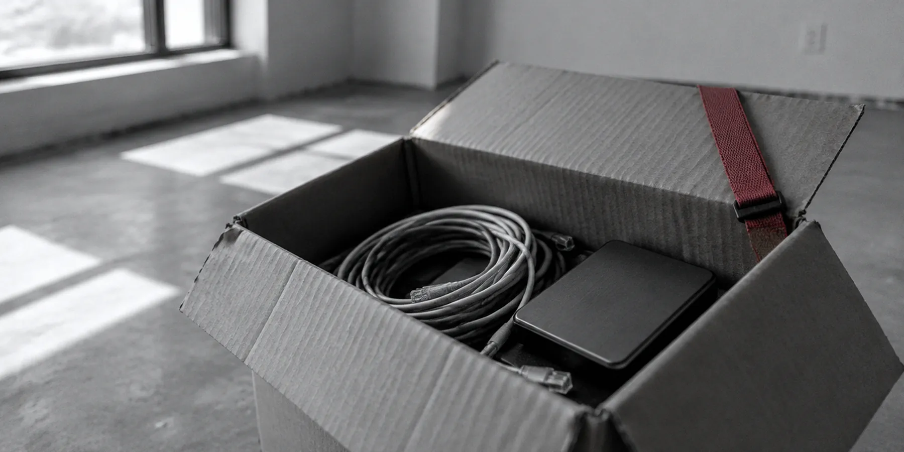 Una caja de mudanza abierta con cables enrollados y un disco duro dentro