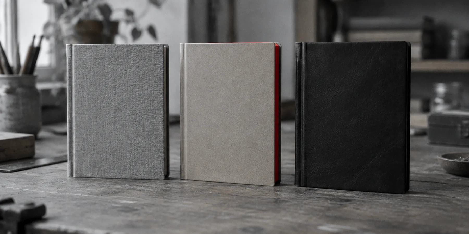 Tres cuadernos de materiales distintos de pie uno al lado del otro sobre un banco